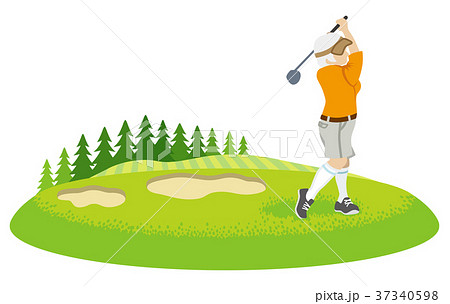 ゴルフするシニア女性 背景付きクリップアーのイラスト素材
