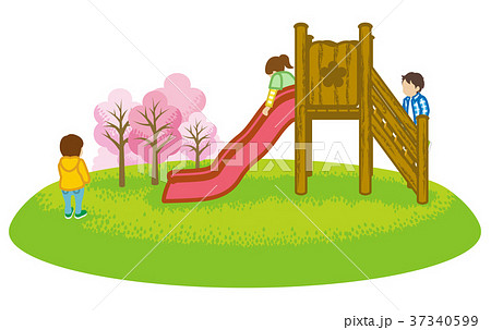 滑り台で遊ぶ子供達 春 クリップアートのイラスト素材