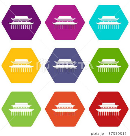 Buddha Toothe Relic Temple in Singapore icon set color hexahedron 37350315
