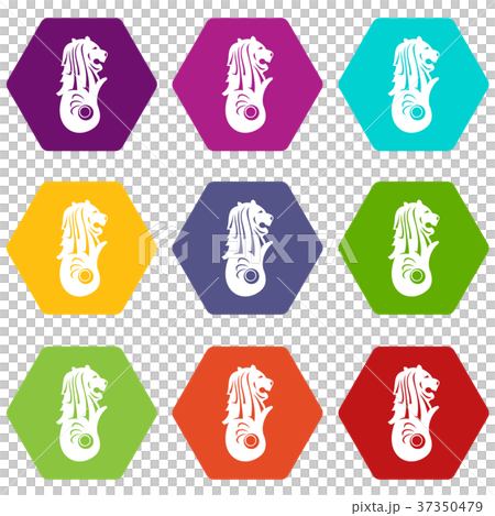 Merlion statue, Singapore icon set color hexahedron Merlion statue, Singapore icon set color hexahedron 37350479