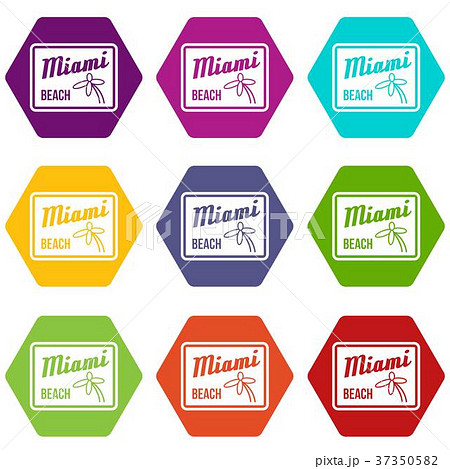 Miami beach icon set color hexahedron 37350582