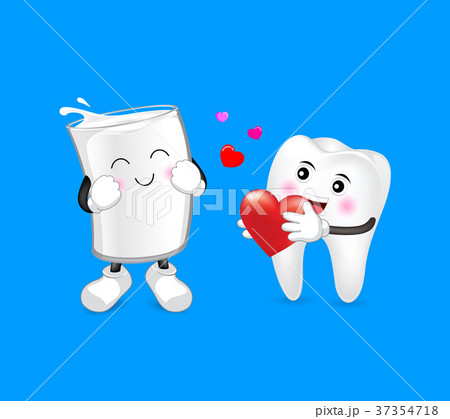 Cute cartoon tooth and a glass of milk in love.  37354718