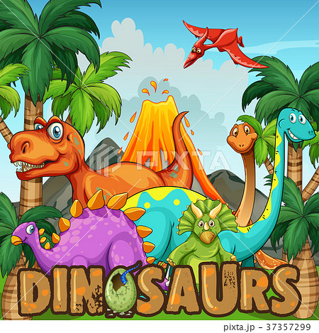 Different types of dinosaurs by the volcano 37357299