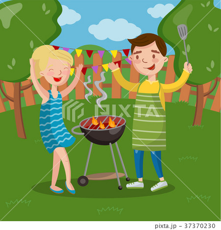 Smiling happy couple having outdoor barbecue Smiling happy couple having outdoor barbecue 37370230