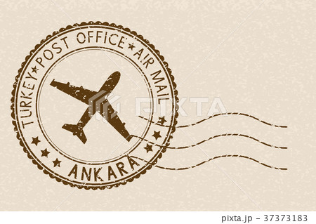 Postal stamp, round brown postmark with plane icon 37373183