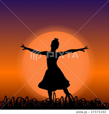 Black silhouette of dancing girl in sunset 37373192