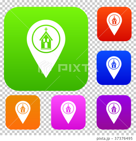 Map pointer with church set color collection Map pointer with church set color collection 37376495