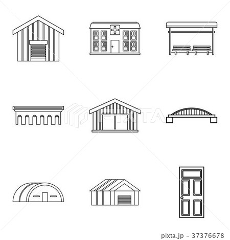 Wooden building icons set, outline style 37376678