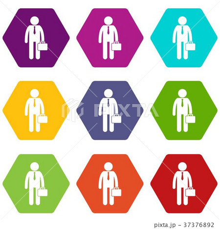 Businessman standing with his briefcase icon set color hexahedron 37376892