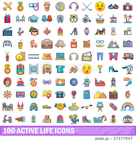 100 active life icons set, cartoon style 100 active life icons set, cartoon style 37377047