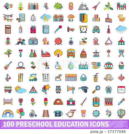 100 preschool education icons set, cartoon style 100 preschool education icons set, cartoon style 37377086