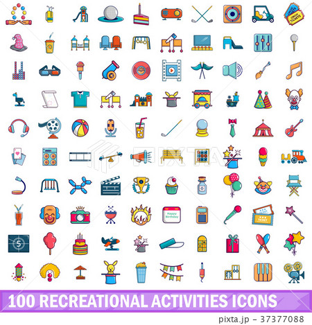 100 recreational activities icons set, cartoon style 37377088