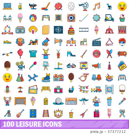 100 leisure icons set, cartoon style 37377212
