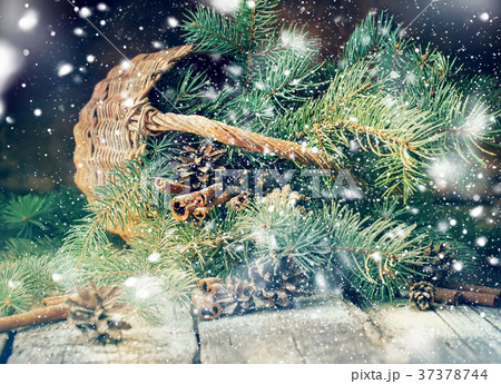 Branches Blue Fir Tree Rustic Basket Wooden Table Branches Blue Fir Tree Rustic Basket Wooden Table 37378744