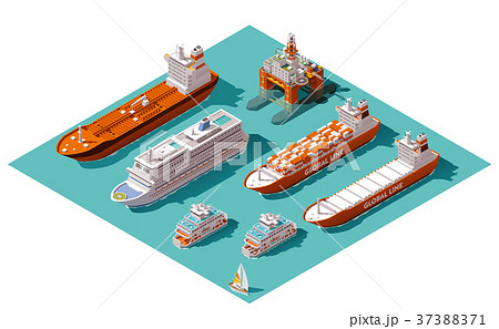 Vector isometric ships and oil rig Vector isometric ships and oil rig 37388371