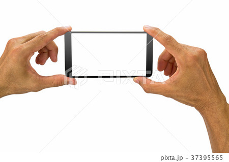 Man's hands holding white screen mobile phone Man's hands holding white screen mobile phone 37395565