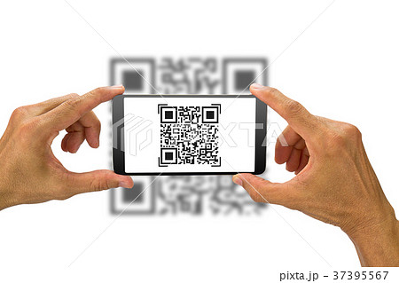 Man's hands holding smartphone scanning QR code Man's hands holding smartphone scanning QR code 37395567