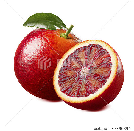 Red blood orange with leaf isolated on white Red blood orange with leaf isolated on white 37396894
