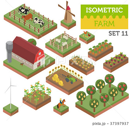 Flat 3d isometric farm land and city map Flat 3d isometric farm land and city map 37397937