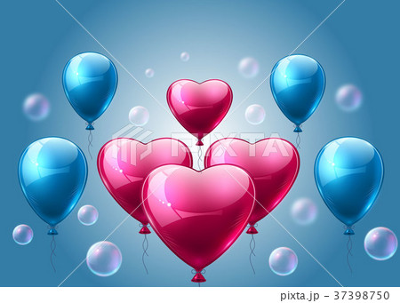 Pink and blue balloons realistic Vector. Heart shape shinny detailed 3d balloons 37398750