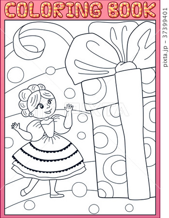 Coloring book. Princess girl with a birthday gift 37399401