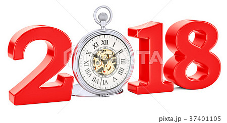 2018 concept with pocket watch, 3D rendering 37401105