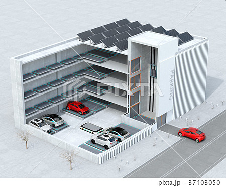 自動搬送ロボットを利用して無人駐車できる全自動駐車システムのコンセプトイメージのイラスト素材
