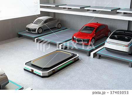 自動搬送ロボットAGVと駐車中のクルマのイメージ。自動駐車システムのコンセプト 自動搬送ロボットAGVと駐車中のクルマのイメージ。自動駐車システムのコンセプト 37403053