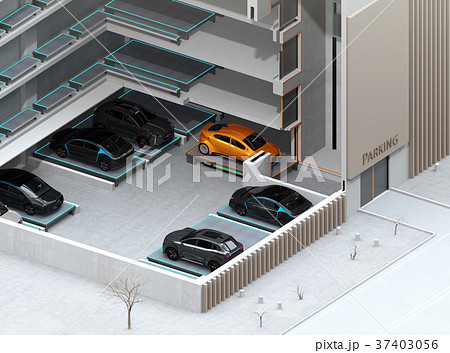 自動搬送ロボットを利用して無人駐車できる全自動駐車システムのコンセプトアイソメイメージ 37403056