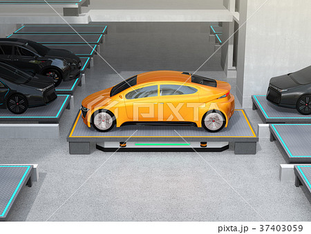 自動搬送ロボットAGVがクルマを駐車スペースに搬送している。自動駐車システムのコンセプトイメージ 37403059