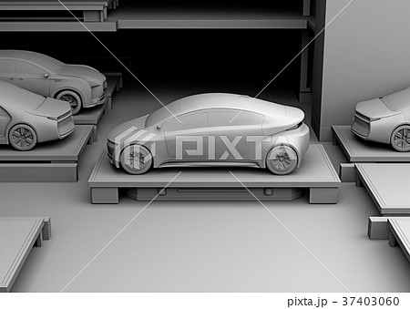 自動搬送ロボットAGVがクルマを駐車スペースに搬送しているグレイシェーディングイメージ。 自動搬送ロボットAGVがクルマを駐車スペースに搬送しているグレイシェーディングイメージ。 37403060