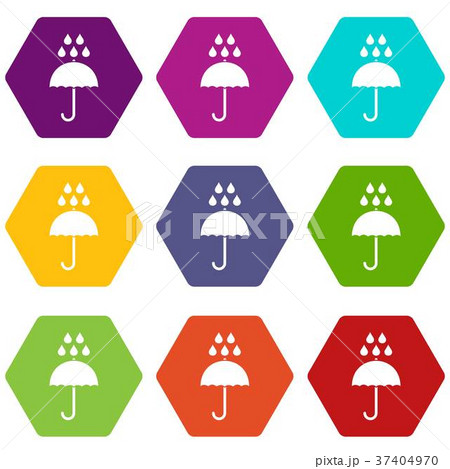 Umbrella and rain drops icon set color hexahedron 37404970