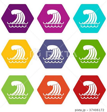Tsunami wave icon set color hexahedron 37406172