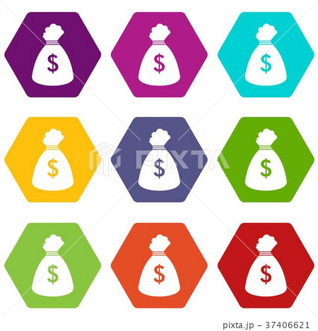 Money bag icon set color hexahedron 37406621