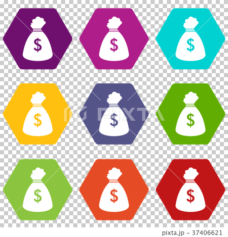 Money bag icon set color hexahedron 37406621