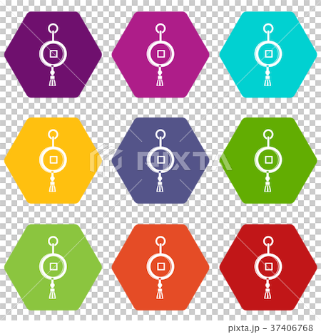 Antique Chinese coin icon set color hexahedron Antique Chinese coin icon set color hexahedron 37406768