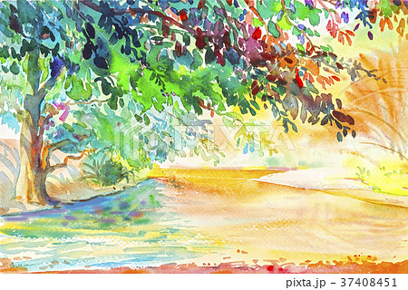 Watercolor original landscape painting river 37408451