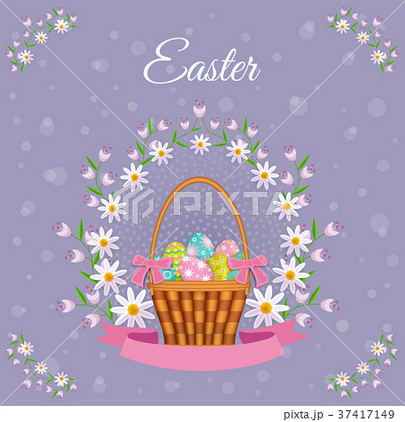 vector easter poster with eggs basket, flowers vector easter poster with eggs basket, flowers 37417149