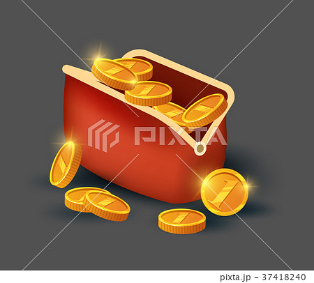 Golden coins in leather purse icon 37418240