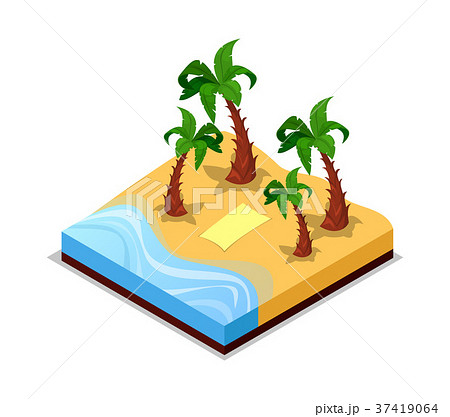 Sandy beach with palm trees isometric 3D icon 37419064