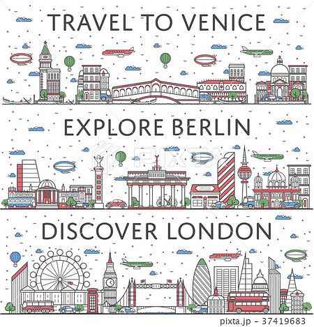 European traveling posters in linear style European traveling posters in linear style 37419683