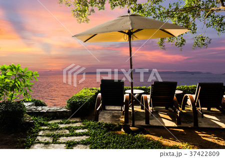 Beach chair in the garden at sunset 37422809