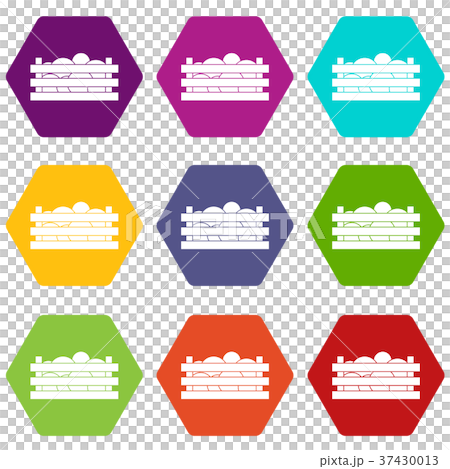 Watermelons in wooden crate icon set color hexahedron Watermelons in wooden crate icon set color hexahedron 37430013
