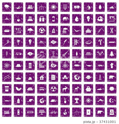 100 eco icons set grunge purple 37431001