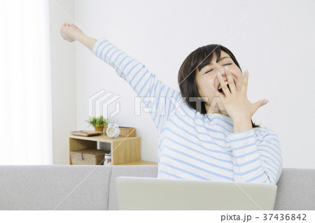 ソファでパソコンをする若い女性　　 37436842