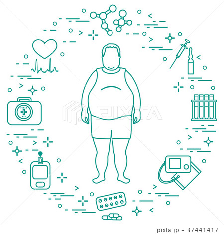 Fat man with medical devices, tools and drugs 37441417