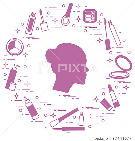 Silhouette of female head and various accessories 37441677