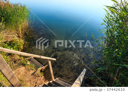 Wooden stairs to summer lake 37442610