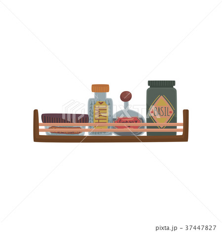 Jars with herbs and spices on wooden shelf cartoon 37447827
