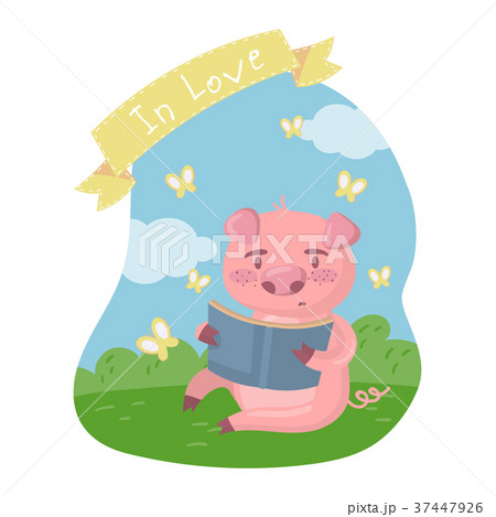 Cute smart pig character reading a book while Cute smart pig character reading a book while 37447926